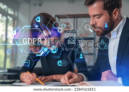 Businesspeople in formal wear taking notes signing contract at office workplace. Concept of important working moments, document sign, working process, concentration. GDPR hologram