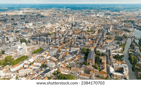 Ghent, Belgium. Panorama of the central city from the air. Cloudy weather, summer day, Aerial View  