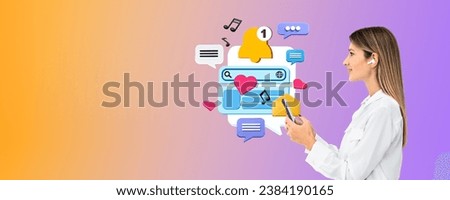Happy young woman profile typing in phone, looking at colorful cartoon social media and internet icons on copy space gradient background. Concept of online network and messenger