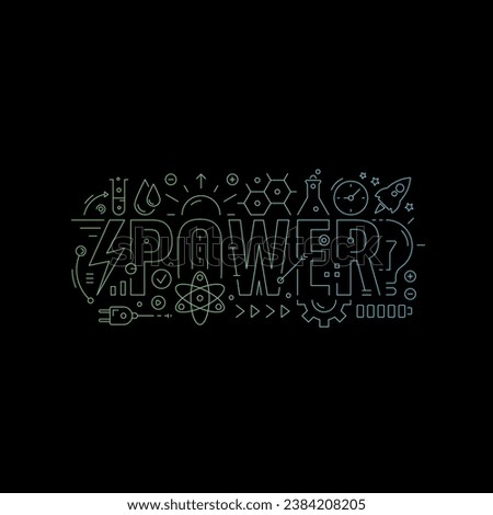 technical drawing power concept. gradient power word and power symbols. outline power word on black background