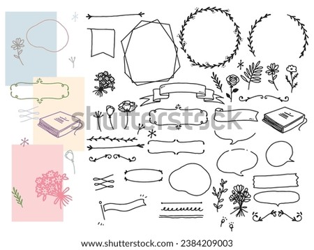 Illustrations in black and white, monotone, and line drawings.Handwriting, fashion, flowers, frames and decorations.