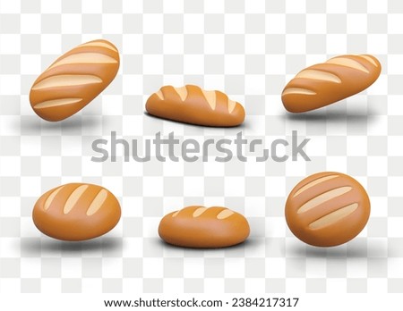 Organic vegetarian product. Delicious baked round and oblong loaf in different positions. Concept of bakery. Model with shadow. Vector illustration in 3d style Royalty-Free Stock Photo #2384217317