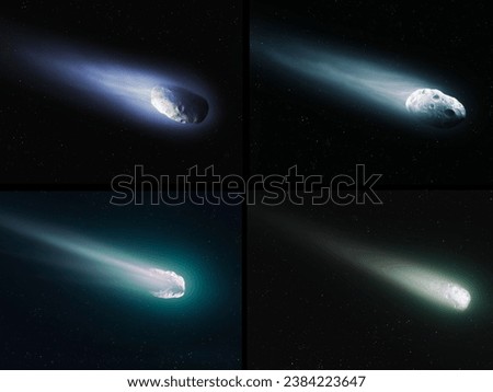 A set of four large comets with tails. Large celestial objects. Real meteors on a black background.