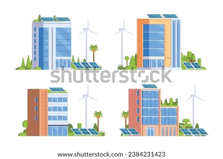 Green Powered Building Office Vector element illustration Eco Concept city illustration with a tree, solar panels, wind turbines and green spaces