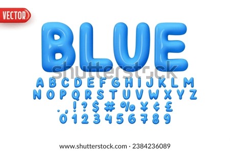 Blue Font realistic 3d design. Complete alphabet and numbers from 0 to 9. Collection Glossy letters in cartoon style. Fonts voluminous inflated from balloon. Vector illustration Royalty-Free Stock Photo #2384236089