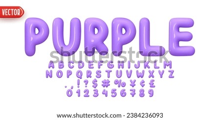 Purple Font realistic 3d design. Complete alphabet and numbers from 0 to 9. Collection Glossy letters in cartoon style. Fonts voluminous inflated from balloon. Vector illustration
