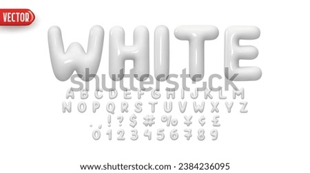 White Font realistic 3d design. Complete alphabet and numbers from 0 to 9. Collection Glossy letters in cartoon style. Fonts voluminous inflated from balloon. Vector illustration