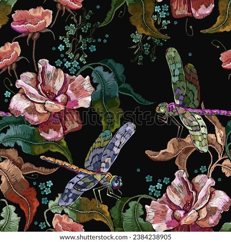 Embroidery. Pink autumn roses flowers and colorful dragonflies. Fashion seamless pattern. Fall garden art. Template for design of clothes, tapestry