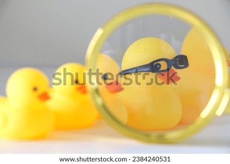 Using yellow rubber ducks to show job selection concept, yellow rubber duck with nerdy glasses seen through magnifying glass standing out amongst others. HR and career concept.