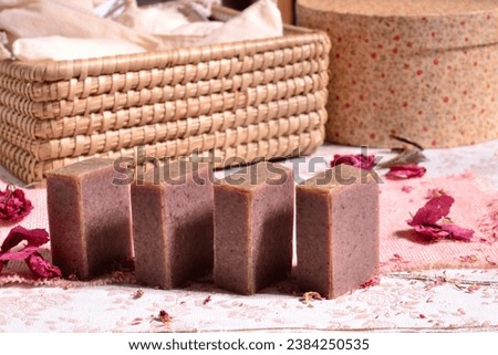 Cinnamon honey handmade soaps vegan eco friendly concept skin body care products, solid soap, rustic original wedding favors, small hotel guest gifts, brown pink beige colors, spicy aroma Royalty-Free Stock Photo #2384250535