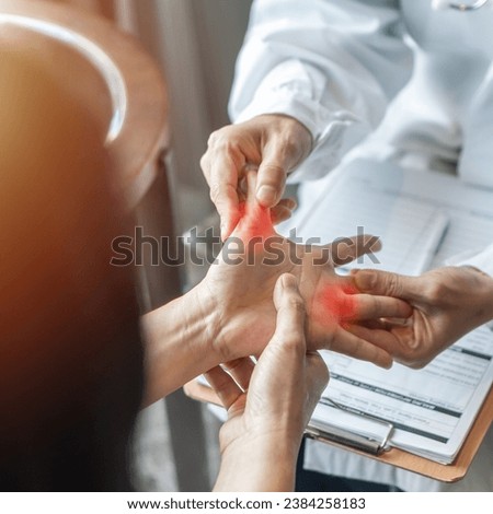 Trigger finger, locking finger or stenosing tenosynovitis disorder with painful joint thumb area, palm and wrist pain, stuck problem on bent position on patient hand and finger Royalty-Free Stock Photo #2384258183