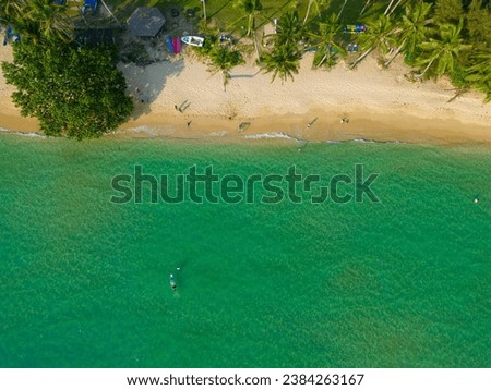 Aerial view white sand sea beach wave turquoise water tropical island summer vacation background