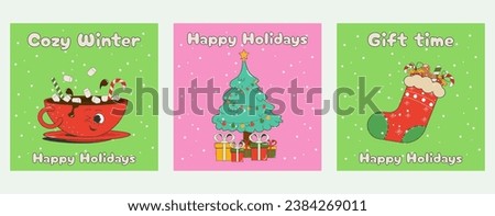 set of square Christmas and New Year holiday cards,posters,prints on a bright pink and green background.mug of cocoa, a Christmas tree with gifts,sock with sweets in a cartoon funny retro style.Vector