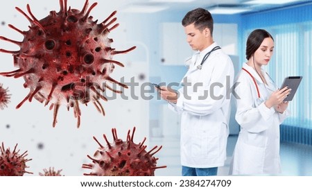 Doctors virologists. Molecules of bacteria. Man and woman work in clinic. Modern doctors with tablets. Medics use gadgets to advise clients. Doctors stand near virus cells. Bacteriology, virology Royalty-Free Stock Photo #2384274709