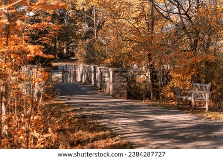 Fall foliage and a walking stone bridge at Inniswood Metro Park in Westerville Ohio.  Royalty-Free Stock Photo #2384287727
