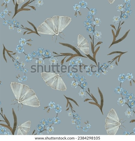 Seamless pattern with forget-me-not and butterfly. Painted with watercolors by hand. For printing on paper and fabric, creating cards and packaging