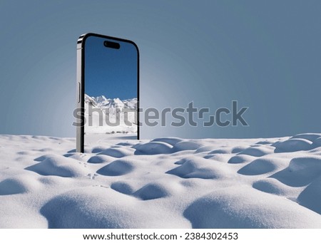 Smartphone with snow and mountains, creative idea. Travel and winter holidays, concept. Overflow. Applications and advertising Royalty-Free Stock Photo #2384302453