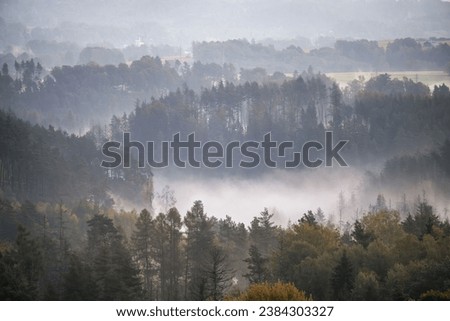 Beautiful autumn landscape in Bohemian Switzerland, fog in the forest