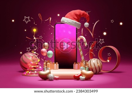 Entertainment media on smartphone. stars, gift box, santa hat, glow light celebrate backdrop. Gift birthday party, Christmas, New Year. Countdown event. Phone screen clipping path. 3D Illustration.