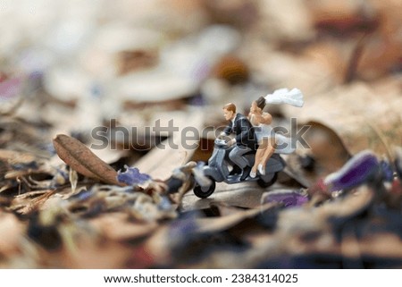 Miniature people : Couple riding the motorcycle in the garden , Valentine's Day concept