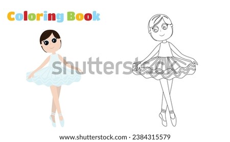 Coloring Page. A ballerina girl in a ballet tutu dances lightly and gracefully with her legs crossed. Cartoon flat style for kids dance school.