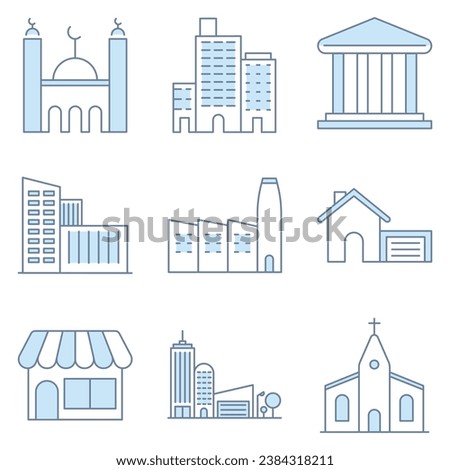 Collection of blue line icons related to buildings. icon set of buildings, places of worship, factories and shops.