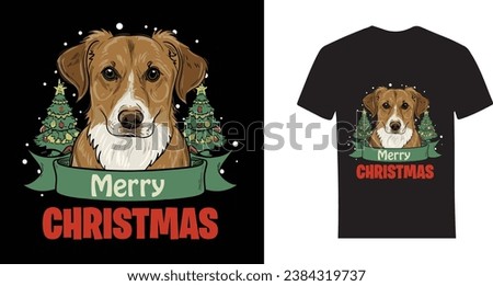 Merry Christmas-themed Adorable Dog T-Shirt Design, T-shirt print design with a cute dog. Merry Christmas Pet T-Shirt Design. Apparel and clothing