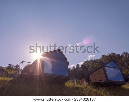 Tourist cabins houses for rent in a picturesque mountainous area, glamping, tent camp in the mountains, selective focus close-up
