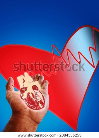 a combination of a picture of a hand and a drawing of a heart in the hand. in the background there is a patterned red heart and a red pulse line with a blue background