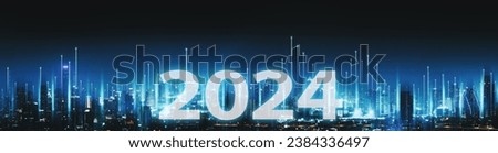 Smart network and Connection technology concept, Bangkok digital city with happy new year 2024 text background at night in Thailand, Panorama view