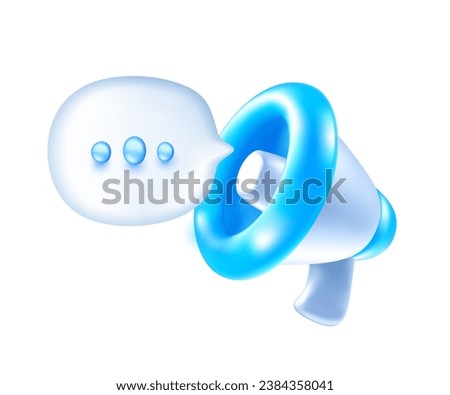 Vector illustration of blue and white color megaphone with speech bubble on white background. 3d style design of megaphone. Marketing symbol for web, site, banner, poster, social media