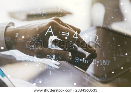 Creative scientific formula hologram and hand working with a digital tablet on background, research concept. Multiexposure