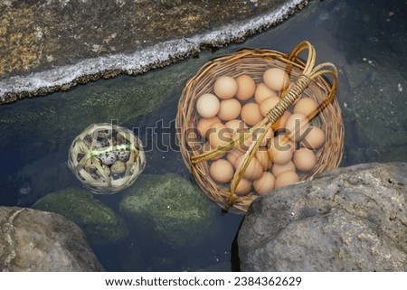 Boiled eggs in natural hot springs. Chicken eggs in basket of tourists boiled in mineral and natural hot water at Chae Son National Park Lampang, Thailand..