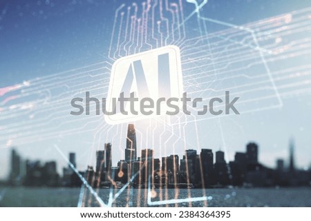 Double exposure of creative artificial Intelligence icon on San Francisco city skyscrapers background. Neural networks and machine learning concept