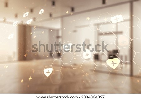 Double exposure of abstract virtual medical hologram on modern corporate office background. Healthcare technolody concept