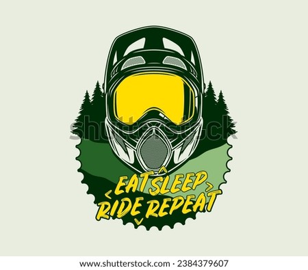 Vector mountain biking badge with full face helmet, goggles and pine trees