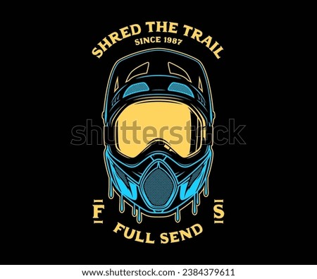 Vector mountain biking badge with full face helmet and mtb goggles Royalty-Free Stock Photo #2384379611