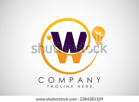 English alphabet W with electric bulb and plug. Electricity, industrial and technology logo