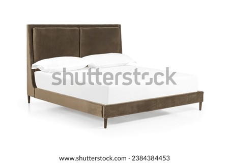 Classic double leather brown bed with big headboard isolated on white Royalty-Free Stock Photo #2384384453