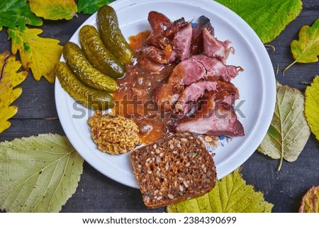 Close up picture on the porcelain plate with deboned smoked and in dark beer slowly roasted pig knuckle served with pickled cucumbers, rustic style mustard and slice of dark rye bread with seeds.