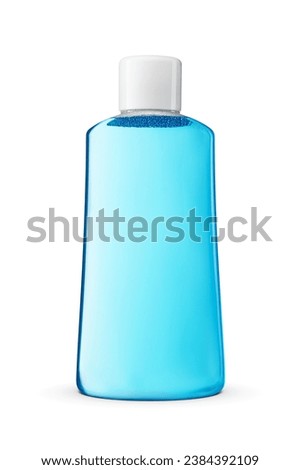 Blue water mouthwash in plastic bottle isolated on white background. Royalty-Free Stock Photo #2384392109