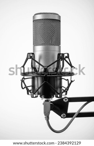 Condenser professional microphone on the stand. Concept for podcast or sound recording.