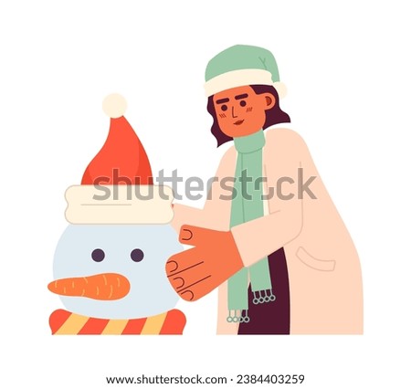 Middle eastern woman making snowman 2D cartoon character. Wearing santa hat arab female isolated vector person white background. Christmastime winter decoration color flat spot illustration Royalty-Free Stock Photo #2384403259