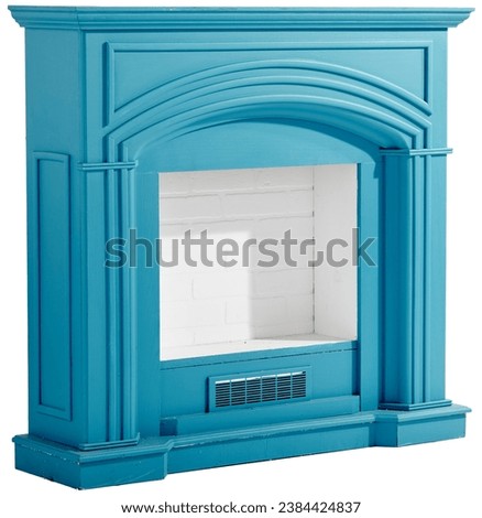 A Tradional Blue Fireplace Against a White Background