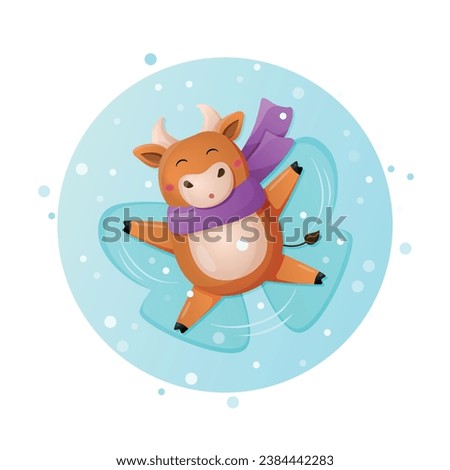 Cute little bull in violet scarf making snow angel or butterfly. Vector illistration isolated on white background	