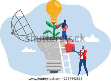 growth mindset concept. Girl with watering can waters lightbulb,with man unlock key new creative or idea, education. self development, motivational   Cartoon flat vector illustration