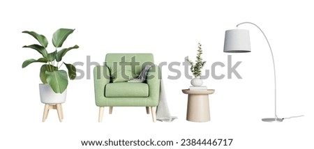 Isolated green armchair and plant on white background Royalty-Free Stock Photo #2384446717