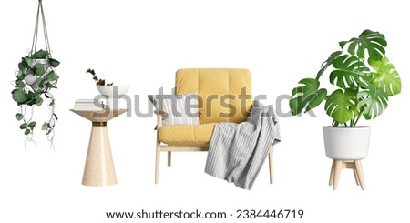 Front view yellow armchair and plant in living rooom on white background Royalty-Free Stock Photo #2384446719