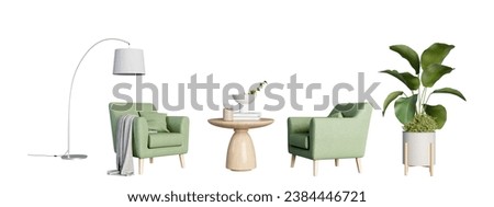 Two green armchairs and plant on white background Royalty-Free Stock Photo #2384446721