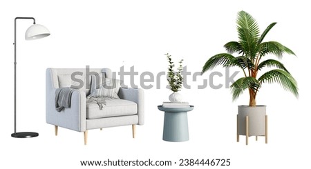 Modern interior furniture set in 3d rendering on white background Royalty-Free Stock Photo #2384446725